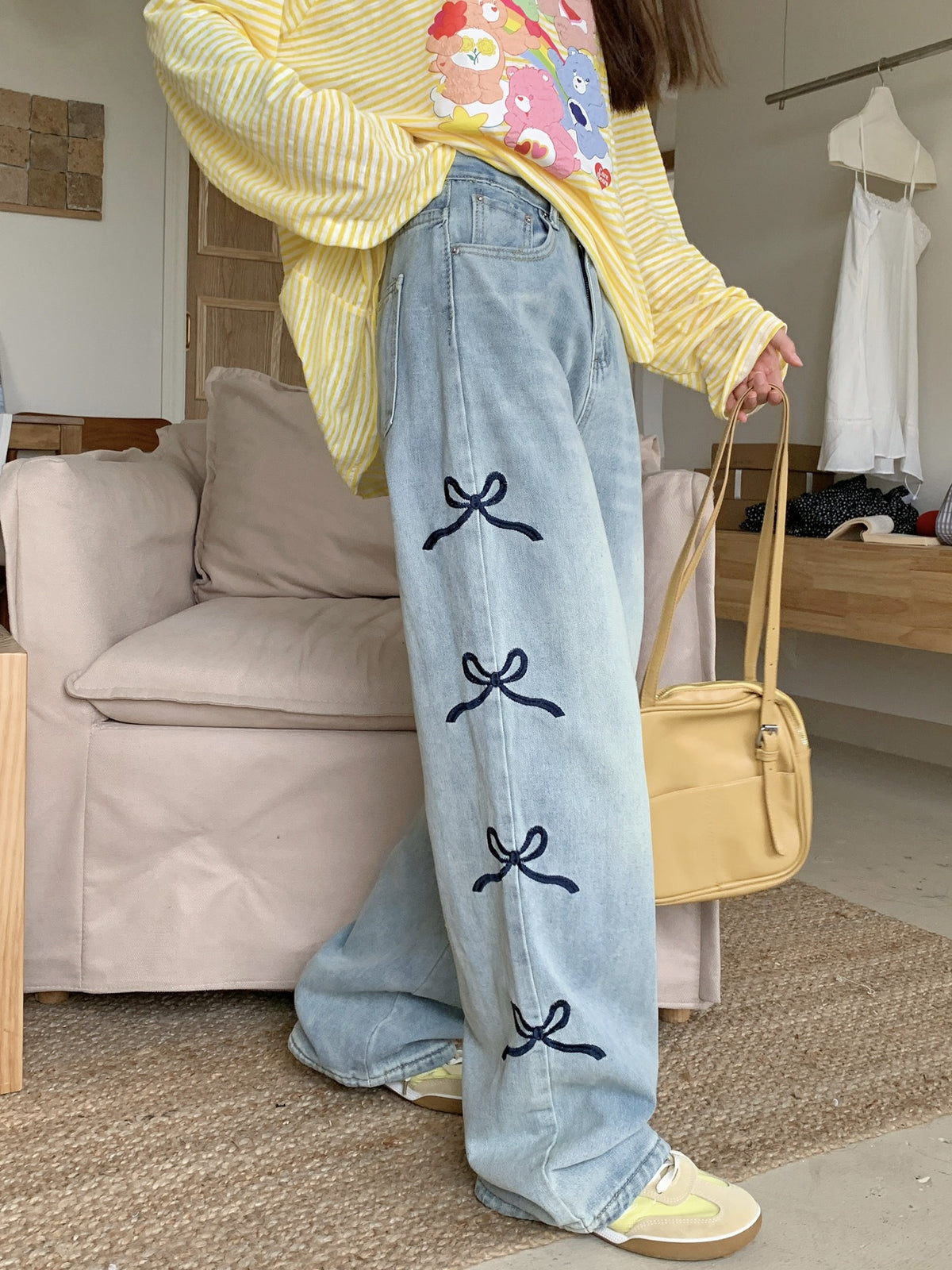 outfit ideas for school Summer New American High Street High Waist All-Match Bow Embroidery Denim Wide Leg Pants