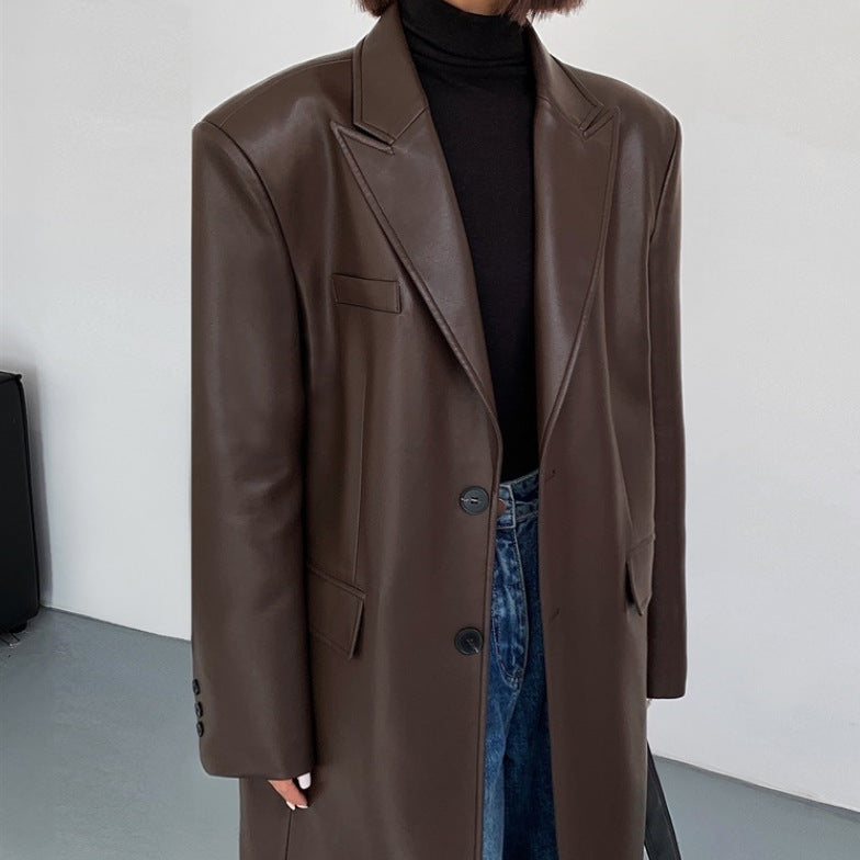 black outfit Black Mid-Length Leather Coat for Women Spring and Autumn Fashion New Loose over-the-Knee PU Leather Suit Coat Trendy