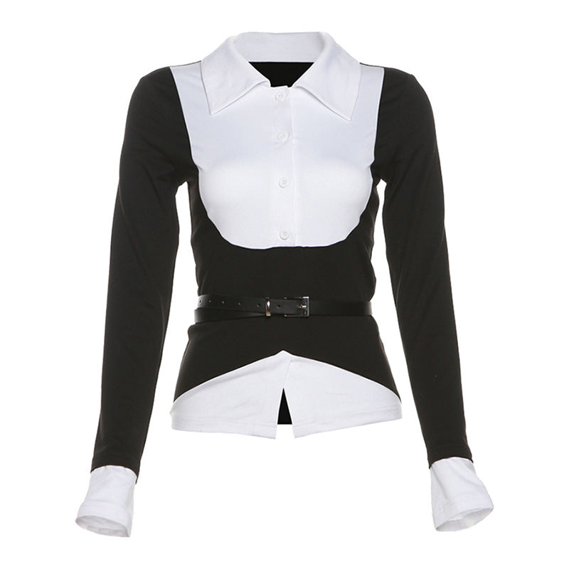 y2k outfits Style Autumn Women's Solid Color Slim-Fit Street Fashion Lapel Long Sleeve Fake Two-Piece Top