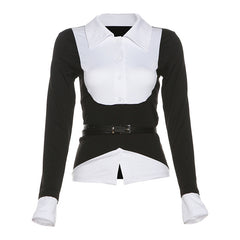 y2k outfits Style Autumn Women's Solid Color Slim-Fit Street Fashion Lapel Long Sleeve Fake Two-Piece Top