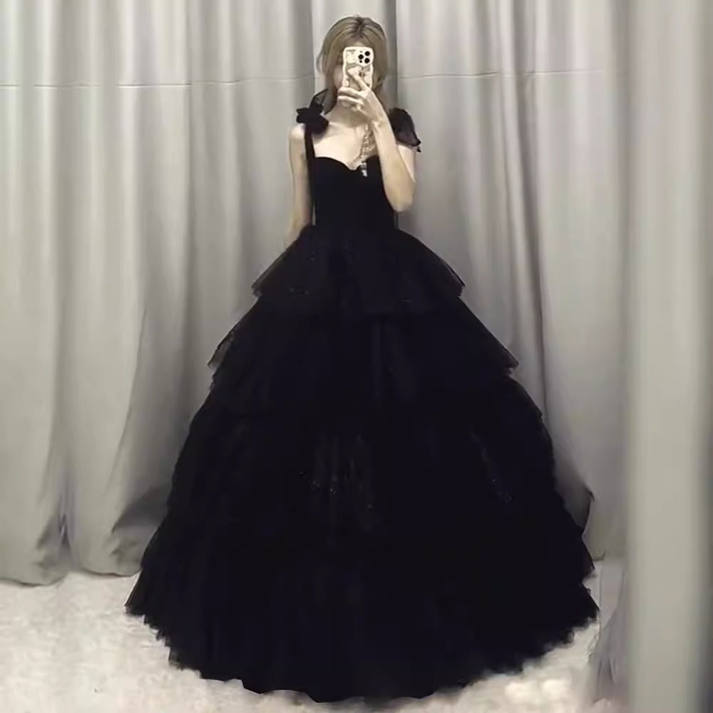 prom dresses Black Evening Dress for Women Adult Ceremony Graduation Light Luxury Niche French Style Long Strap Pettiskirt