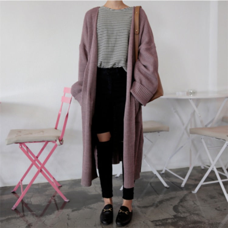 fall outfits Retro Mid-Length Curling Solid Color Lazy Loose Knitted Long-Sleeved Sweater Coat for Women