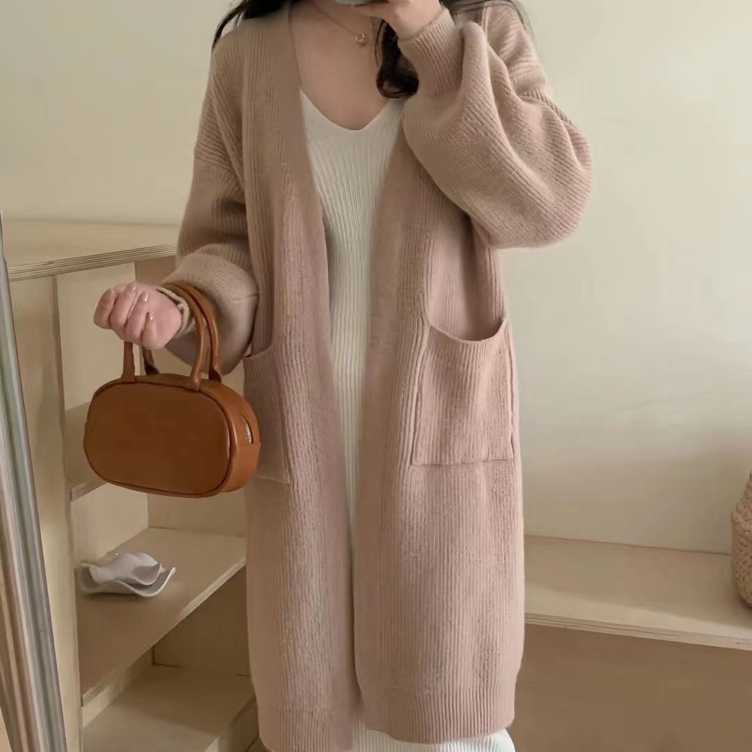 black sweater dress outfit French Style Mid-Length Knitted Cardigan Women's Autumn and Winter Lazy Style Loose over-the-Knee Long Sleeve Sweater Coat