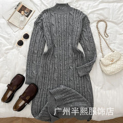 long sweater dress outfit Lazy Style Thick Twist over-the-Knee Sweater Dress Women's Winter Mid-Length round Neck Thickened Knitted Dress