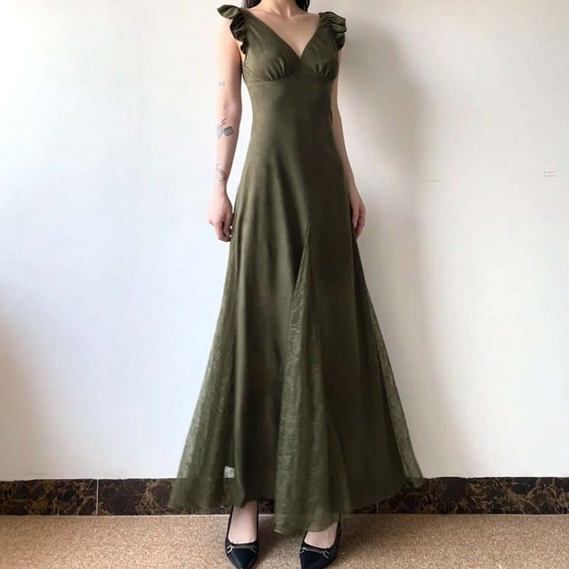 prom dresses Mori Vintage Lace Stitching See-through V-neck Dress Summer American Fashion Small Flying Sleeve Dress