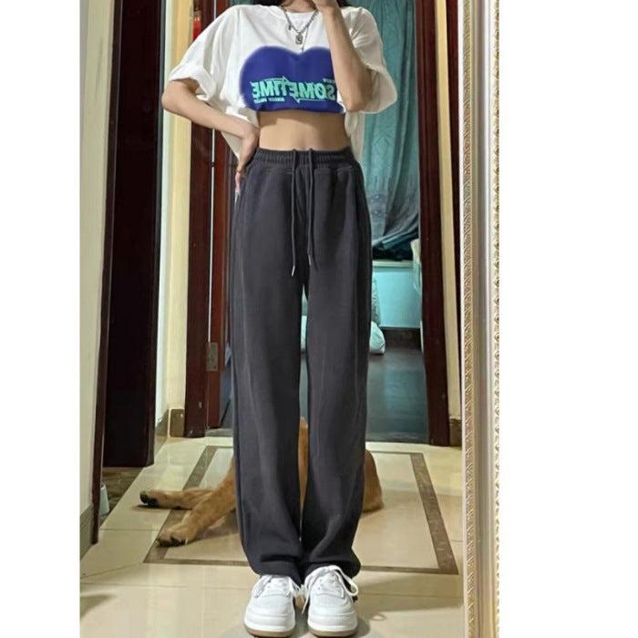 clothes Gray Sports Pants for Women Spring and Autumn New High Waist Loose Wide Leg Pants Ankle-Tied Sweatpants Slim Casual Pants Straight Pants