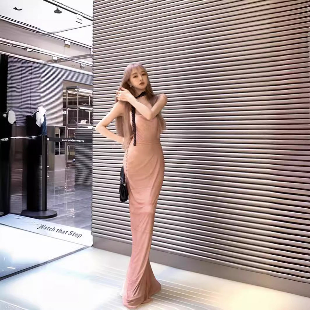 prom dresses Mesh Sling Dress Women's Summer Elegant Waist Slimming Sheath Dress Long Skirt
