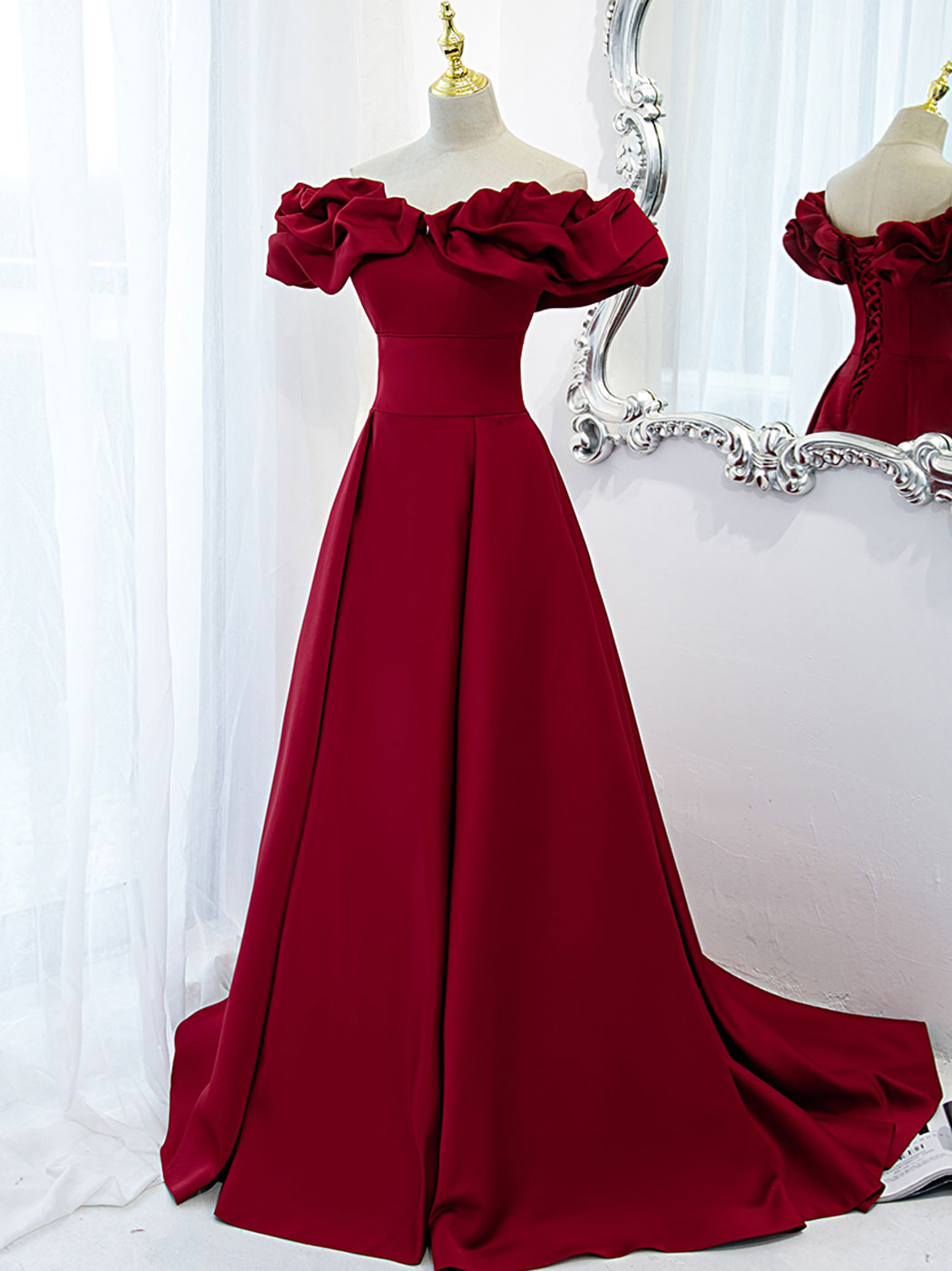 BXOXO Burgundy Off Shoulder Satin Long Prom Dress, Burgundy Formal Evening Dress