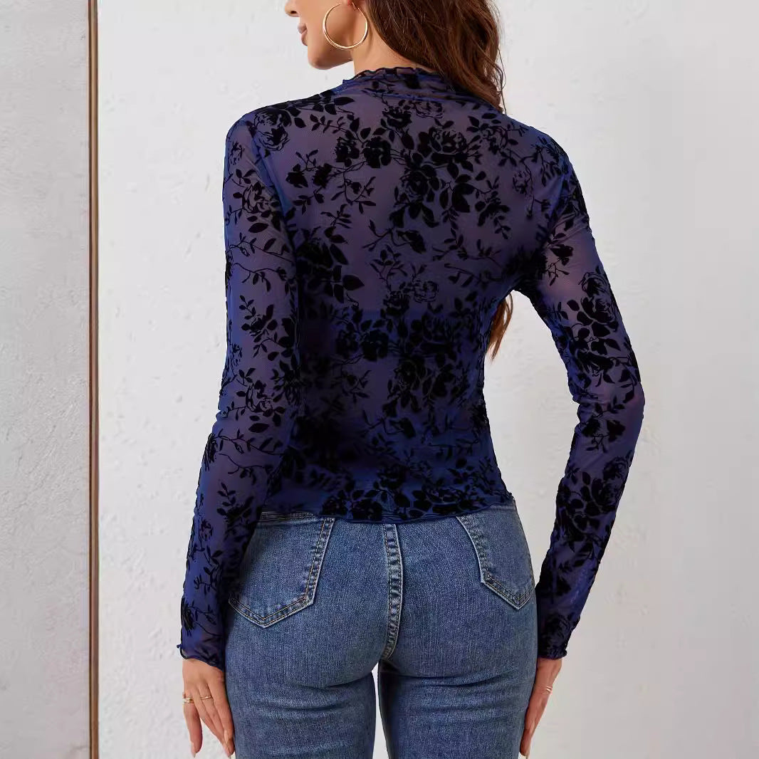 dress to impress outfits New Sexy Single Layer Bra-Free Stand Collar Mesh Bottoming Shirt Top Women's T-shirt