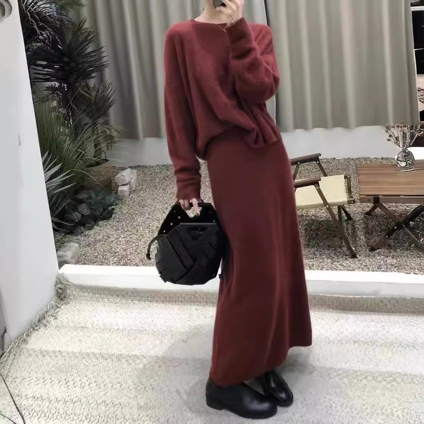 black sweater dress outfit French Style Elegant round Neck Knitted Suit Women's Autumn and Winter Lazy Sweater Dress Two-Piece Set