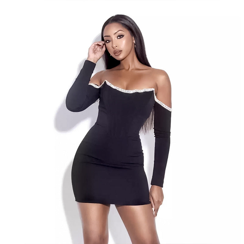 dress Women's Long-Sleeved Autumn and Winter Luxury Diamond Collar Dress