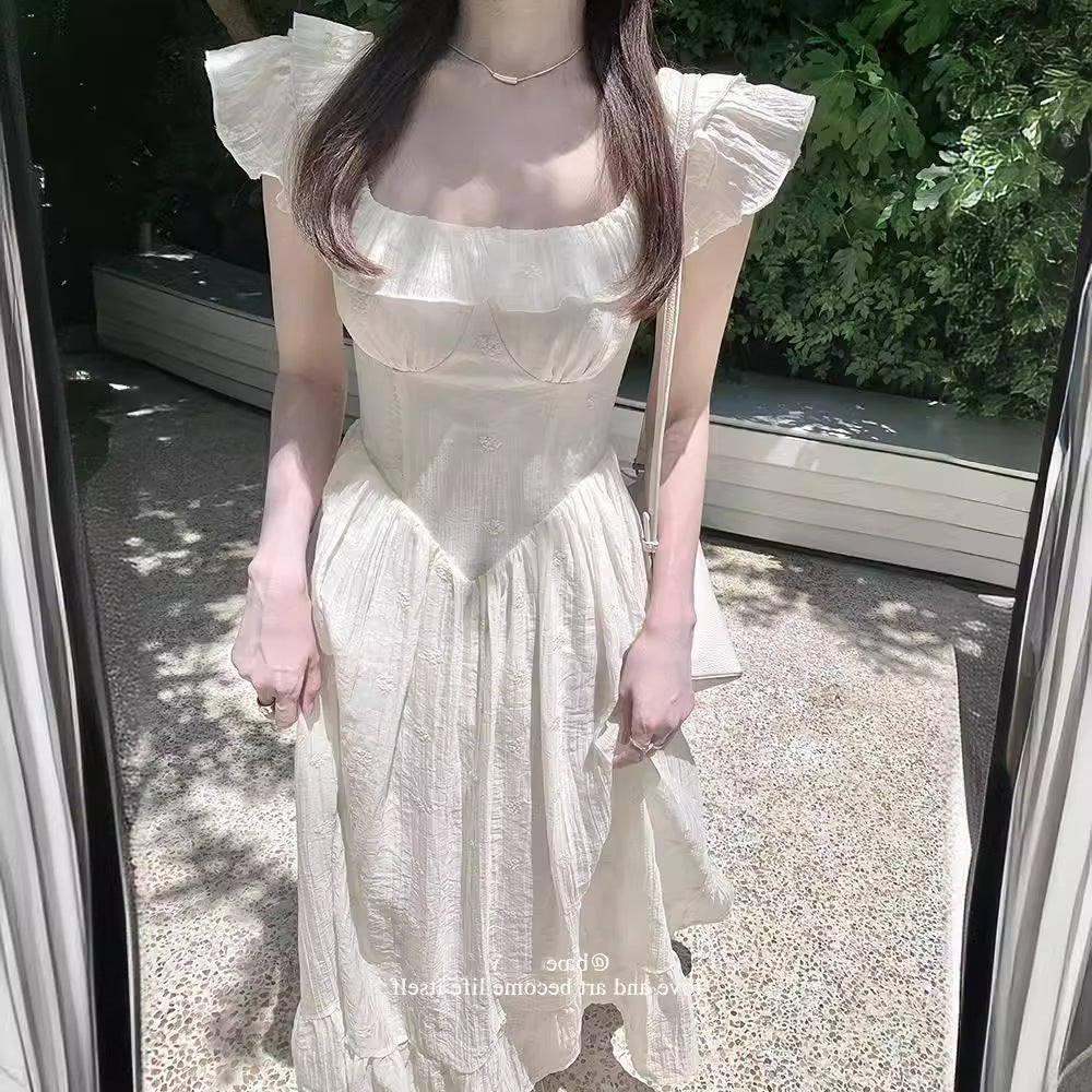 maternity French Heavy-Duty Embroidery Floral Ruffled Square Collar Dress Women's Summer Waist Slimming Holiday Temperament Long Skirt