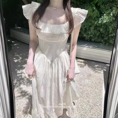 maternity French Heavy-Duty Embroidery Floral Ruffled Square Collar Dress Women's Summer Waist Slimming Holiday Temperament Long Skirt