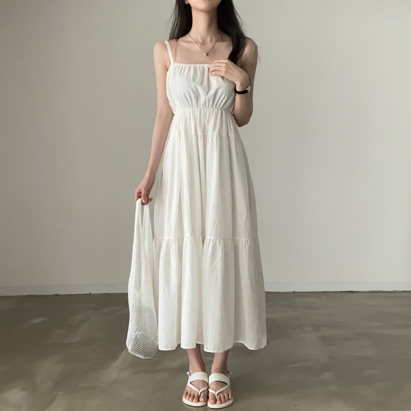 church outfit Chic Summer Holiday Style Suspender Skirt Simple Design Pleated Stitching Elastic Waist Solid Color Large Swing Dress