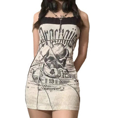 2000s fashion Culture Punk Hot Girl Gothic Dark Skull Stitching Strap Slim Fit Dress Hip Skirt