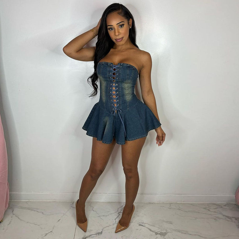 dress to impress harajuku Dress Women's Zipper Lace-up Chest Wrap Sexy Hot Girl Denim Short Ruffle Skirt