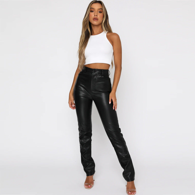 trending fall outfits Women's New Simple High Waist PU Leather Trousers Fashion Casual Pants Pants for Women