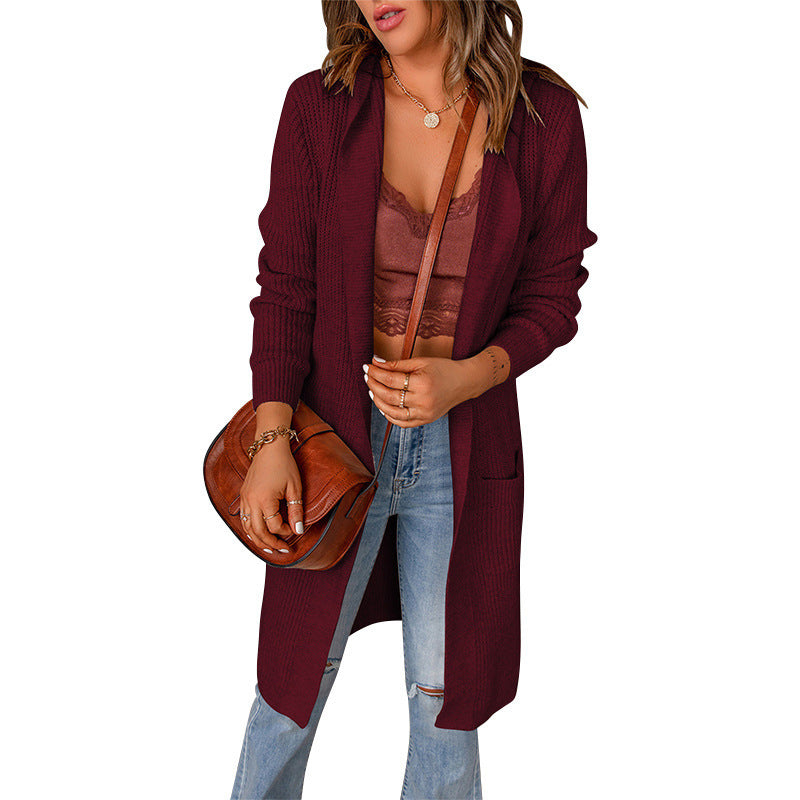 Fashion Autumn and Winter New Solid Color Hooded Coat Women's Mid-Length Shirt Long Sleeve Sweater