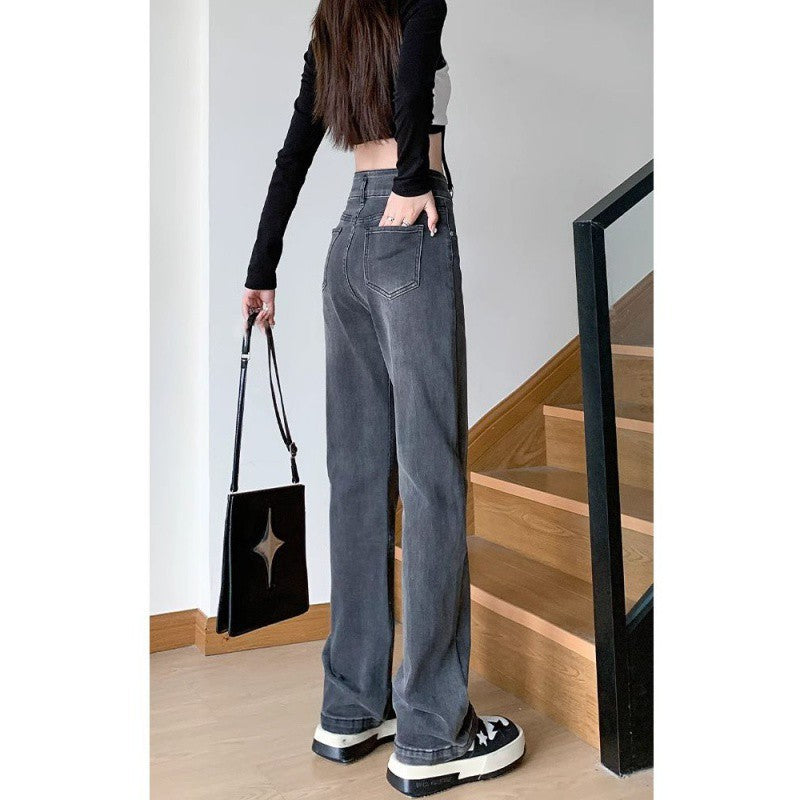 2000s fashion Retro High Waist Straight Jeans Women's Autumn New Narrow Wide Leg Pants Black Gray Slimming Pipe Pants