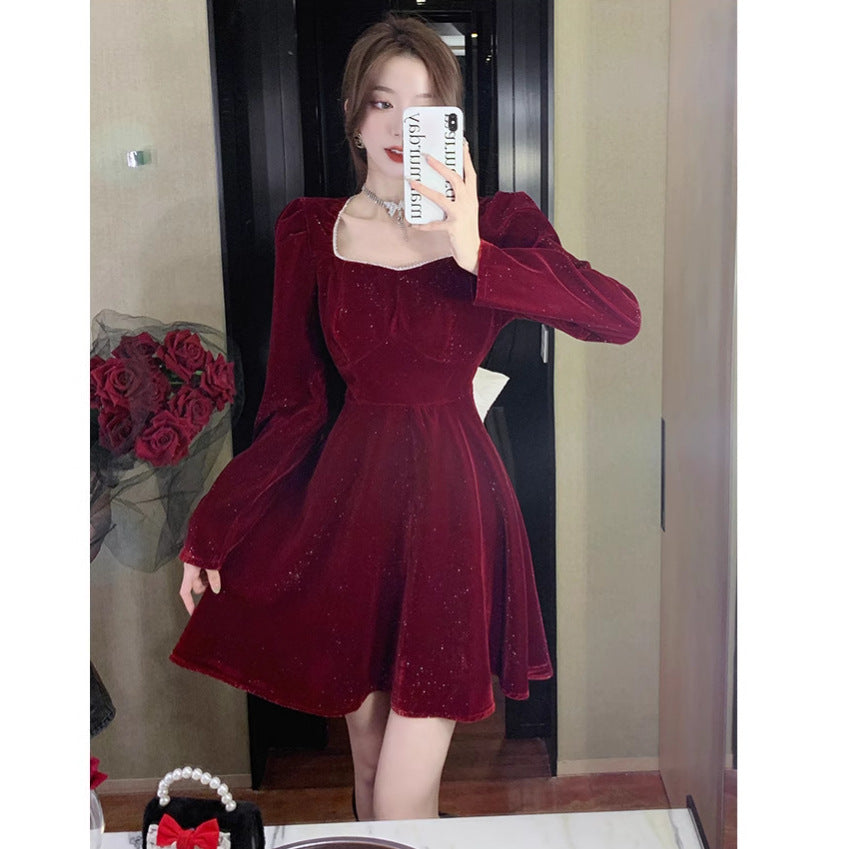 new year outfit Ankela Red Velvet Dress Women's Autumn and Winter with Overcoat Elegant Big Bow Christmas Banquet High-End Dress