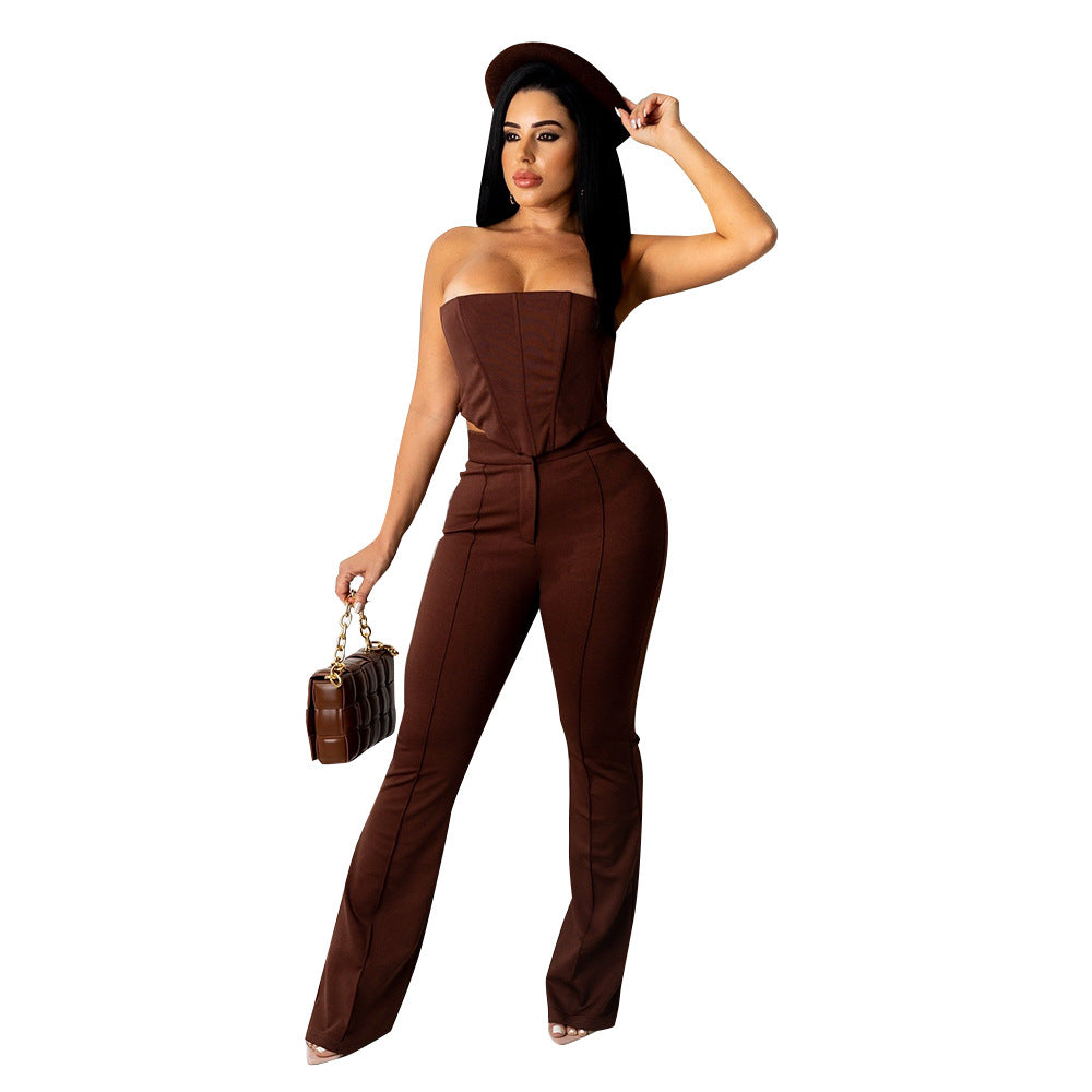 outfit New Sexy Tube Top off-Shoulder Bright Line Decoration Slim Flared Pants Nightclub Suit