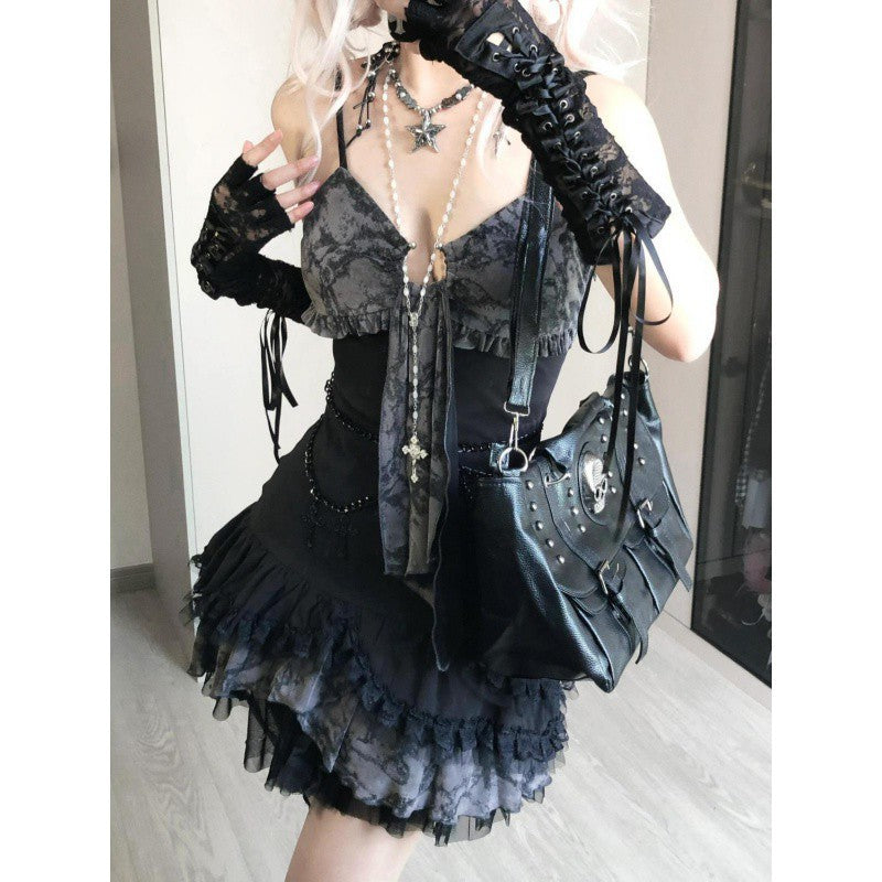y2k outfits Summer Fashion Hot Girl Asian Culture Slimming Contrast Color Suspender Skirt New Design Sense Lace Stitching Dress Women
