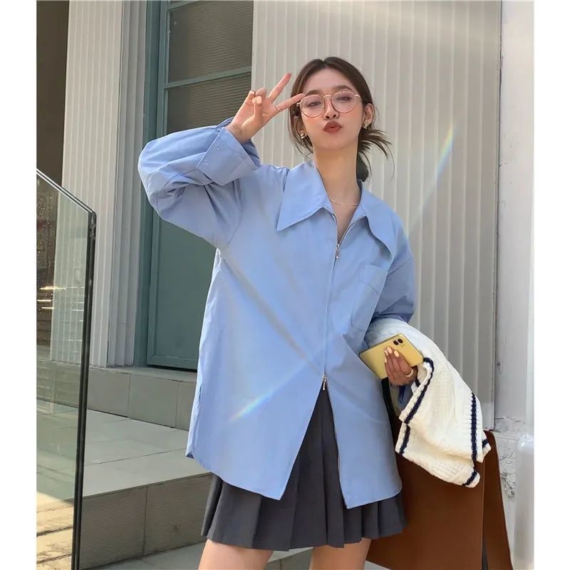business casual outfits New High Design Large Lapel Zipper Shirt Pointed Collar Stacked Long Sleeve Shirt Lazy Style Blue Shirt for Women