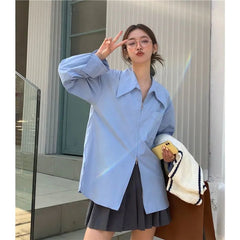 business casual outfits New High Design Large Lapel Zipper Shirt Pointed Collar Stacked Long Sleeve Shirt Lazy Style Blue Shirt for Women