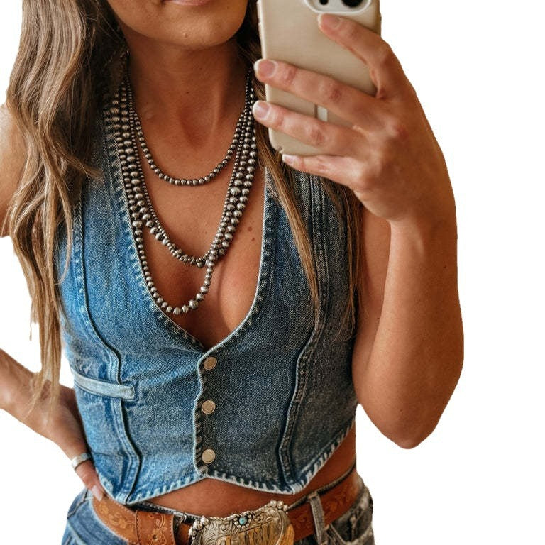 outfit ideas Hot Girl Women's Sleeveless Single-Breasted V-neck Top Denim Vest