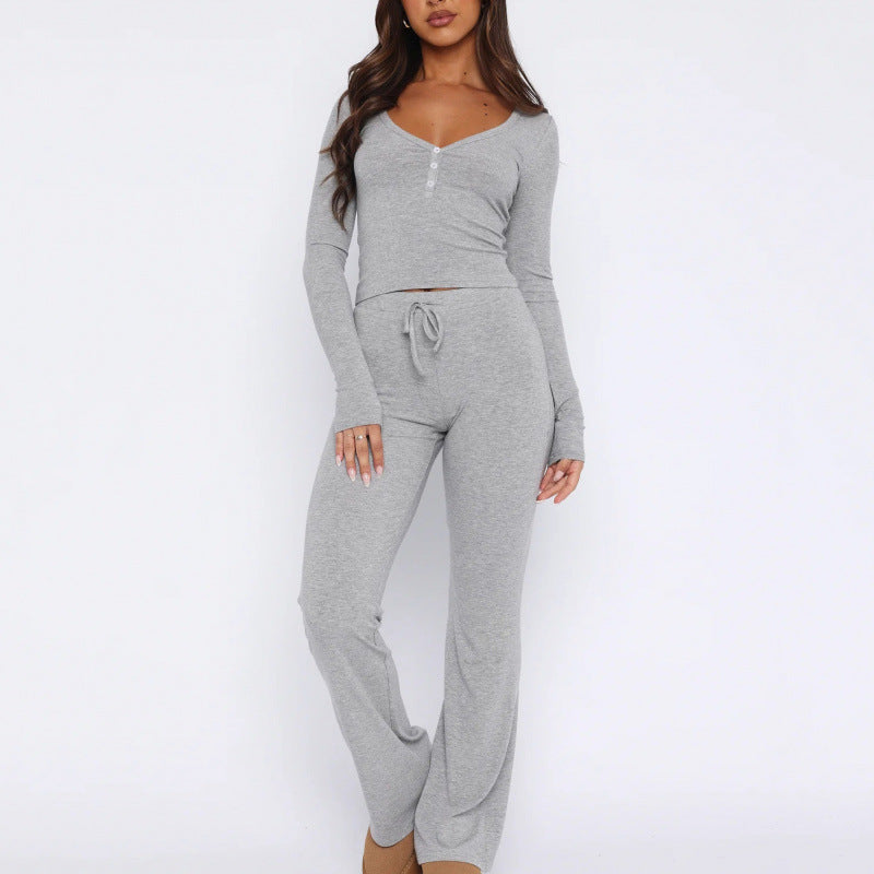 comfy school outfits 2024 Spring and Autumn New Suit Long Sleeve Button Solid Color Tight Top and Trousers Two-Piece Set for Women