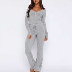 comfy school outfits 2024 Spring and Autumn New Suit Long Sleeve Button Solid Color Tight Top and Trousers Two-Piece Set for Women