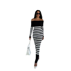 long sweater dress outfit Autumn and Winter Elegant Slim-Fit Sheath Slimming off-Shoulder Collarbone Black and White Stripe Knitted Dress