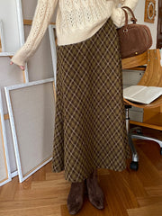 midi skirt outfit fall Maillard Retro Coffee Green Plaid Skirt Women's Long Skirt Autumn and Winter High Waist A- line Skirt