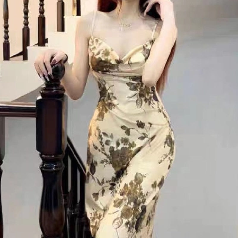 detective vs suspect dress to impress French Style Light Mature Artistic Conception Oil Painting Retro Dress Swing Collar Slim Waist Strap Mid-Length Elegant New Chinese Style