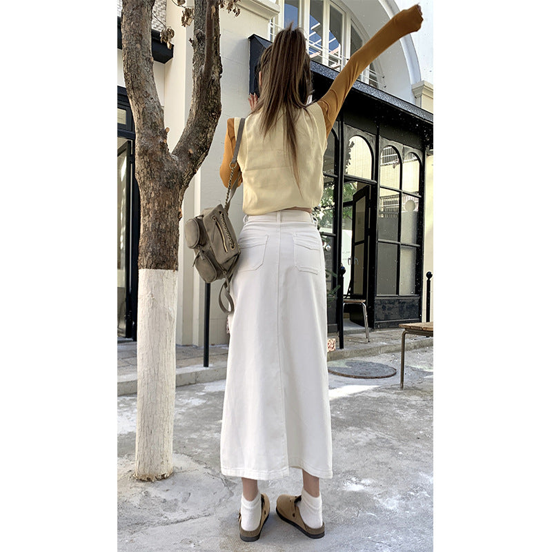 outfit Creamy-white Front Slit Denim Skirt Women's Early Spring High Waist Loose A- line Mid-Length Hip Skirt