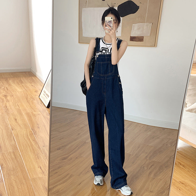 summer outfits inspo Internet Celebrity Retro Straight Denim Suspender Pants Women's Summer Korean Style Hong Kong Style Loose Draping Western Style Age-Reducing Wide Leg Pants