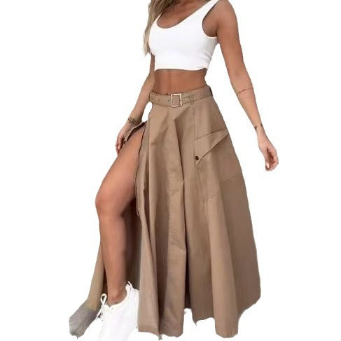 set 2024 Women's Elegant Sleeveless Vest Solid Color Slit Belt Skirt Two-Piece Set