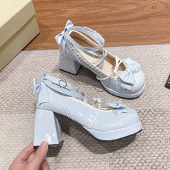 shoes High Heels Lolita Thick Heel Platform Blue Japanese Soft Girl Sweet Cute Bow Shoes for Women