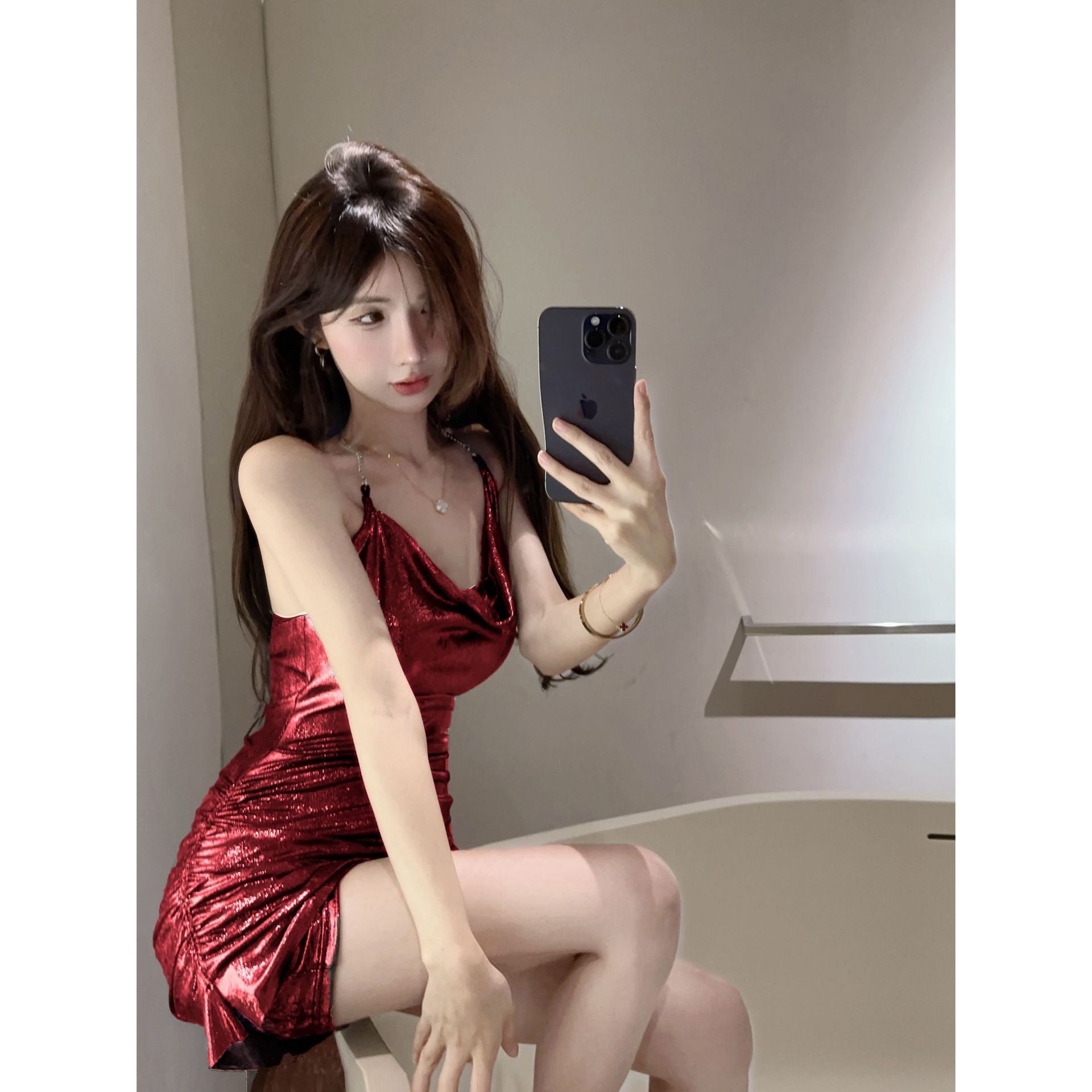 homecoming dresses Nightclub Sexy Dress Bar Disco Online Celebrity Hip Skirt Tight Waist Pleated Hot Girl Halter Backless Suspender Skirt