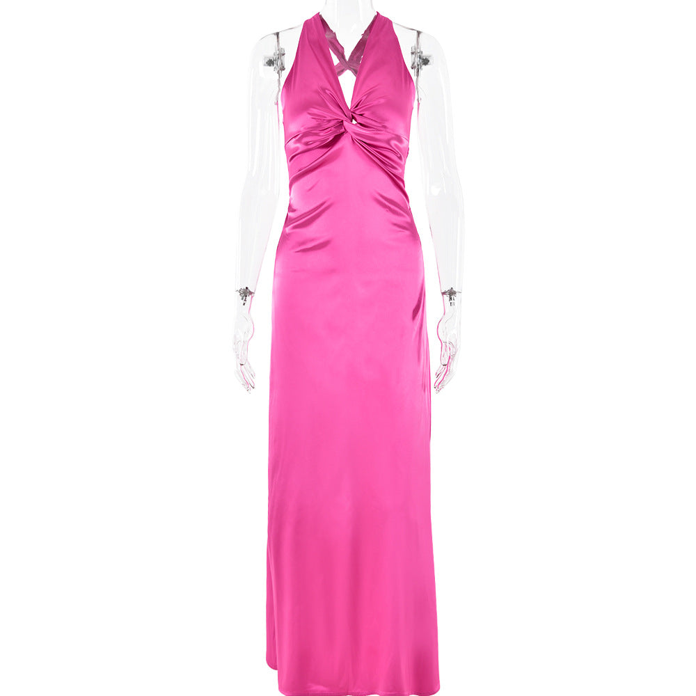 pink panther costume INS Style Fashion Sexy V-neck Lace-up Backless Dress Slim Satin Dress