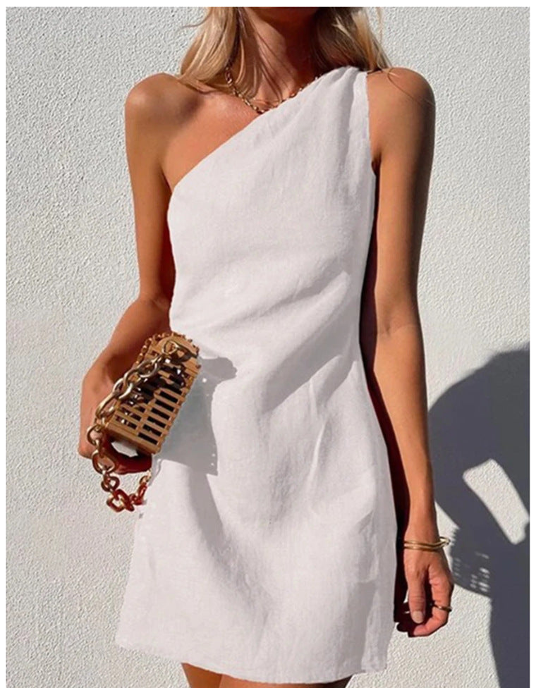 casual summer outfits Wishl New Women's Clothing New Solid Color Slim Temperament Commuter Shoulder Dress