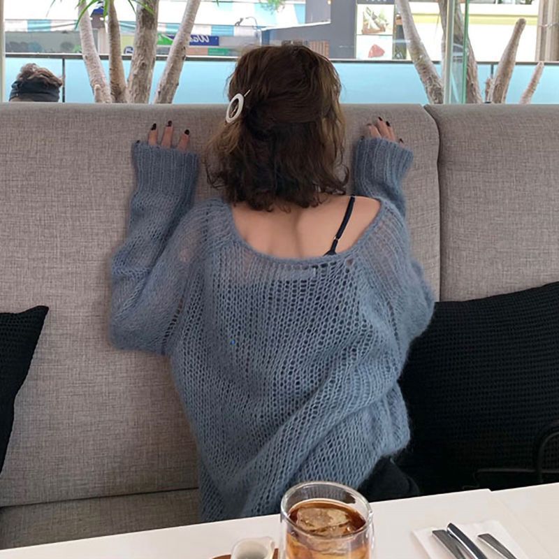 fall outfits aesthetic Hollow-out Knitted Blouse Early Autumn New Loose Outer Wear Lazy Pullover Mohair Thin Sweater