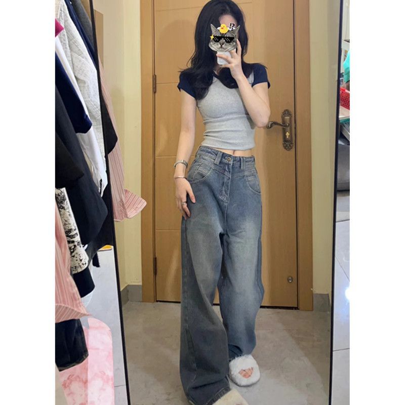 winter outfits men Nostalgic Blue Wide-Leg Jeans Retro Loose Draping Starry Sky Pattern High Waist Mopping Pants for Women