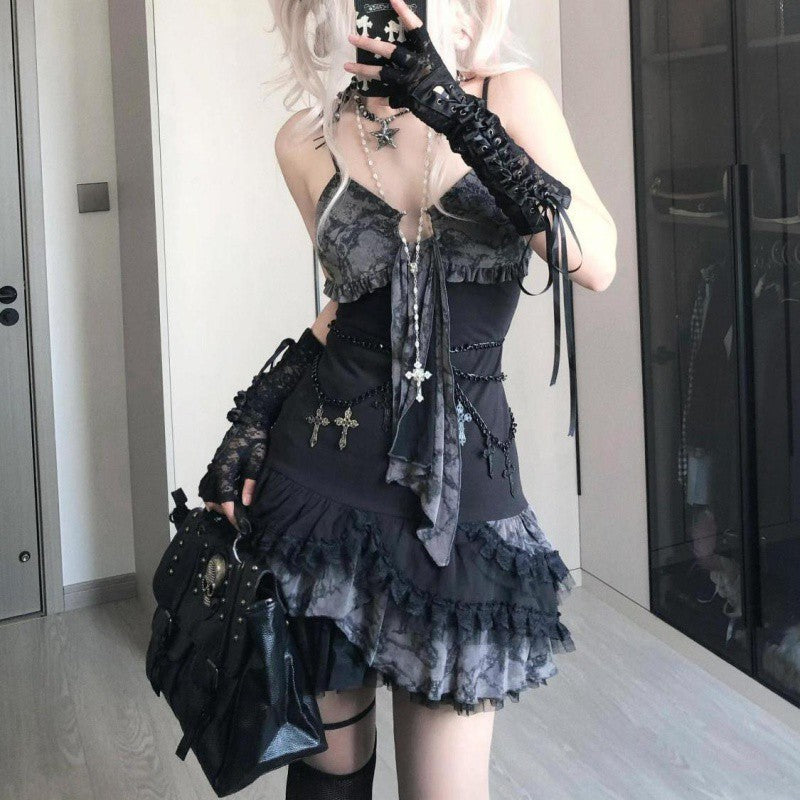 y2k outfits Summer Fashion Hot Girl Asian Culture Slimming Contrast Color Suspender Skirt New Design Sense Lace Stitching Dress Women