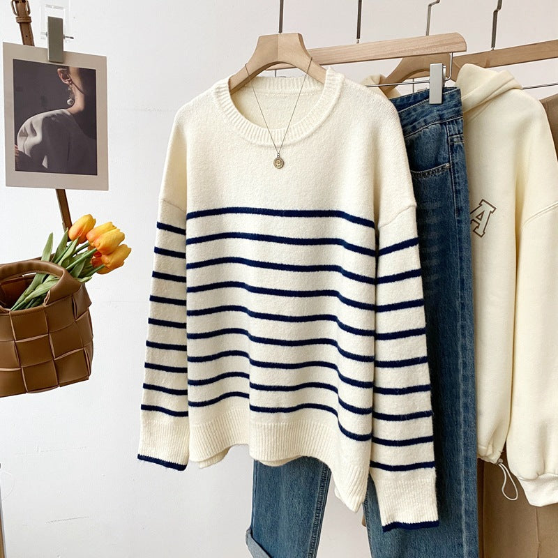 style Autumn and Winter New Korean Style round Neck Striped Sweater Glutinous Rice Velvet Skin-Friendly Anti-Pilling Loose Lazy Top