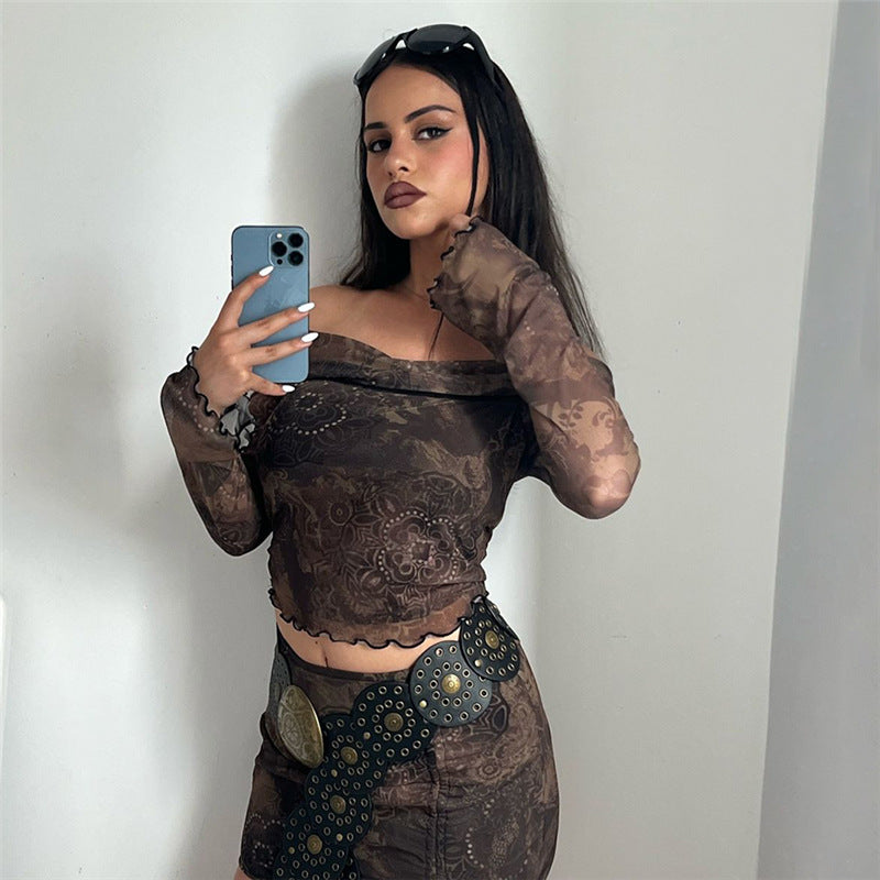 concert outfit Fall New Style Sexy Slim-Fit Navel off-Shoulder Top High Waist Drawstring Short Skirt Suit