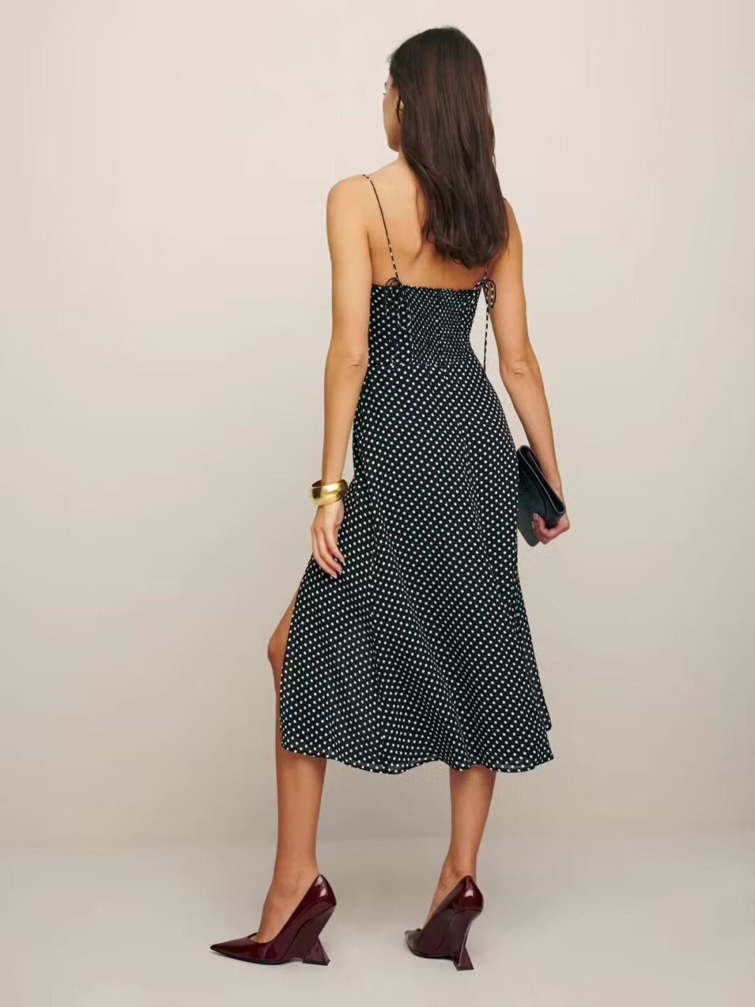 summer outfits inspo Sexy Side Slit Slim High Waist Sling Midi Dress Summer French Retro V-neck Polka Dot Print Dress Women