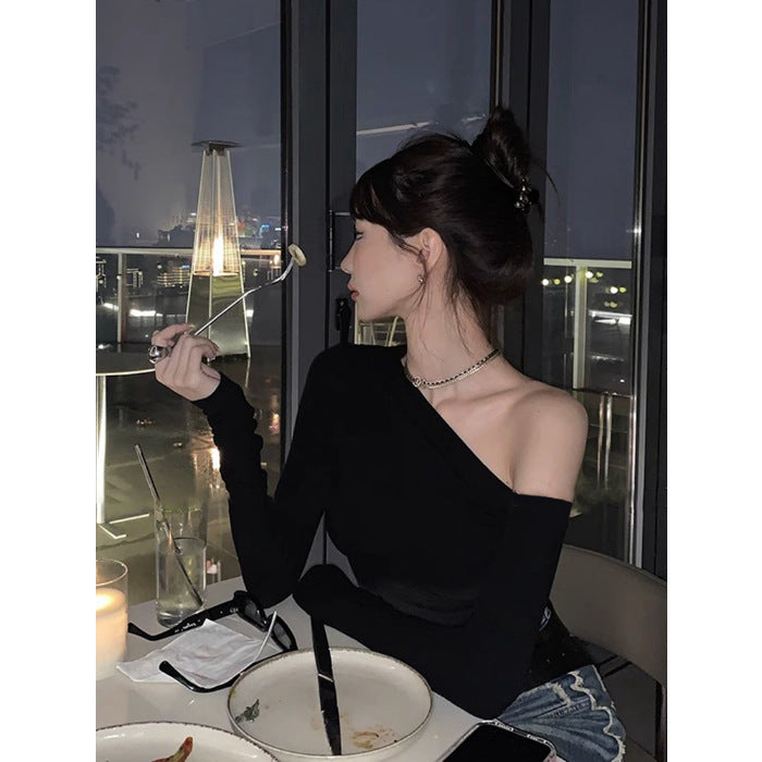 trashy outfits Black off-the-Shoulder Long Sleeve T-shirt Women's Autumn Niche Tight Short Bottoming