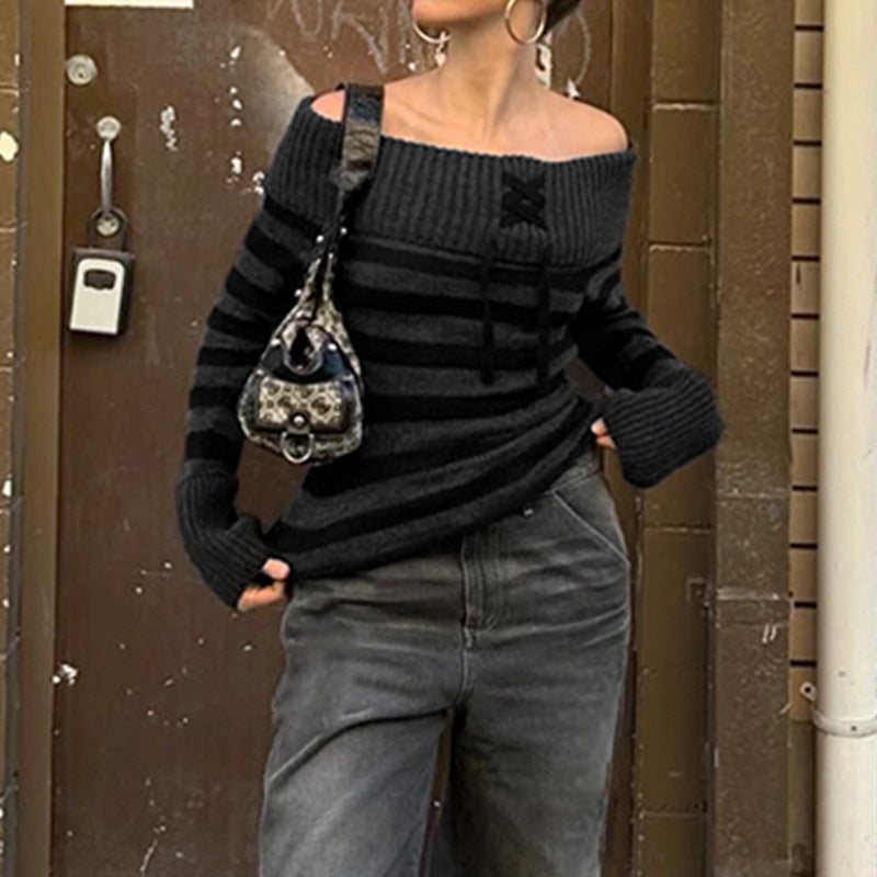 long sweater dress outfit Y2k Retro Fashion Color Matching Striped Flanging off-Shoulder Chic Lace-up Sweater Personalized Waist Slimming Sweater