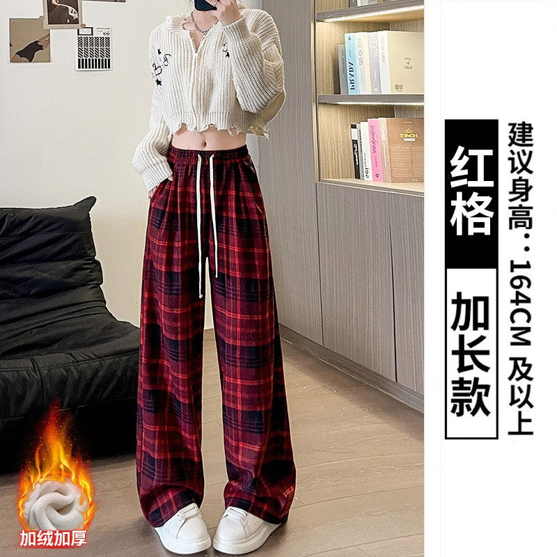 fall outfits aesthetic Retro Plaid Pants Women's Straight Pants Autumn and Winter New Brushed American Casual Pants High Waist Slimming Narrow Wide Leg Pants